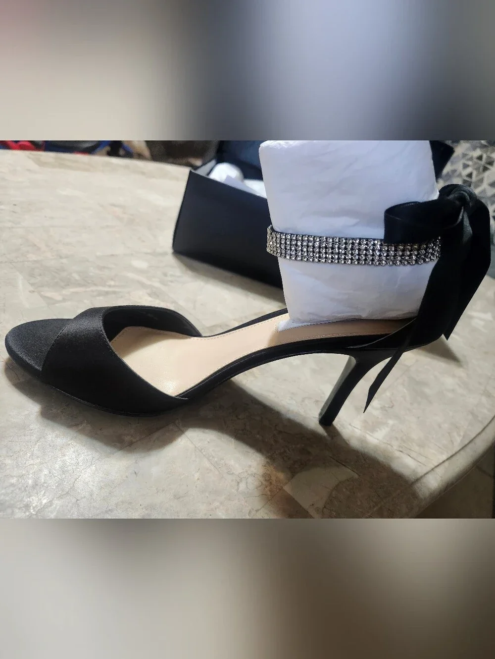 Nina Vinnie-LS  Black Satin Open-Toe Heels with Rinestone Ankle Strap With Bow